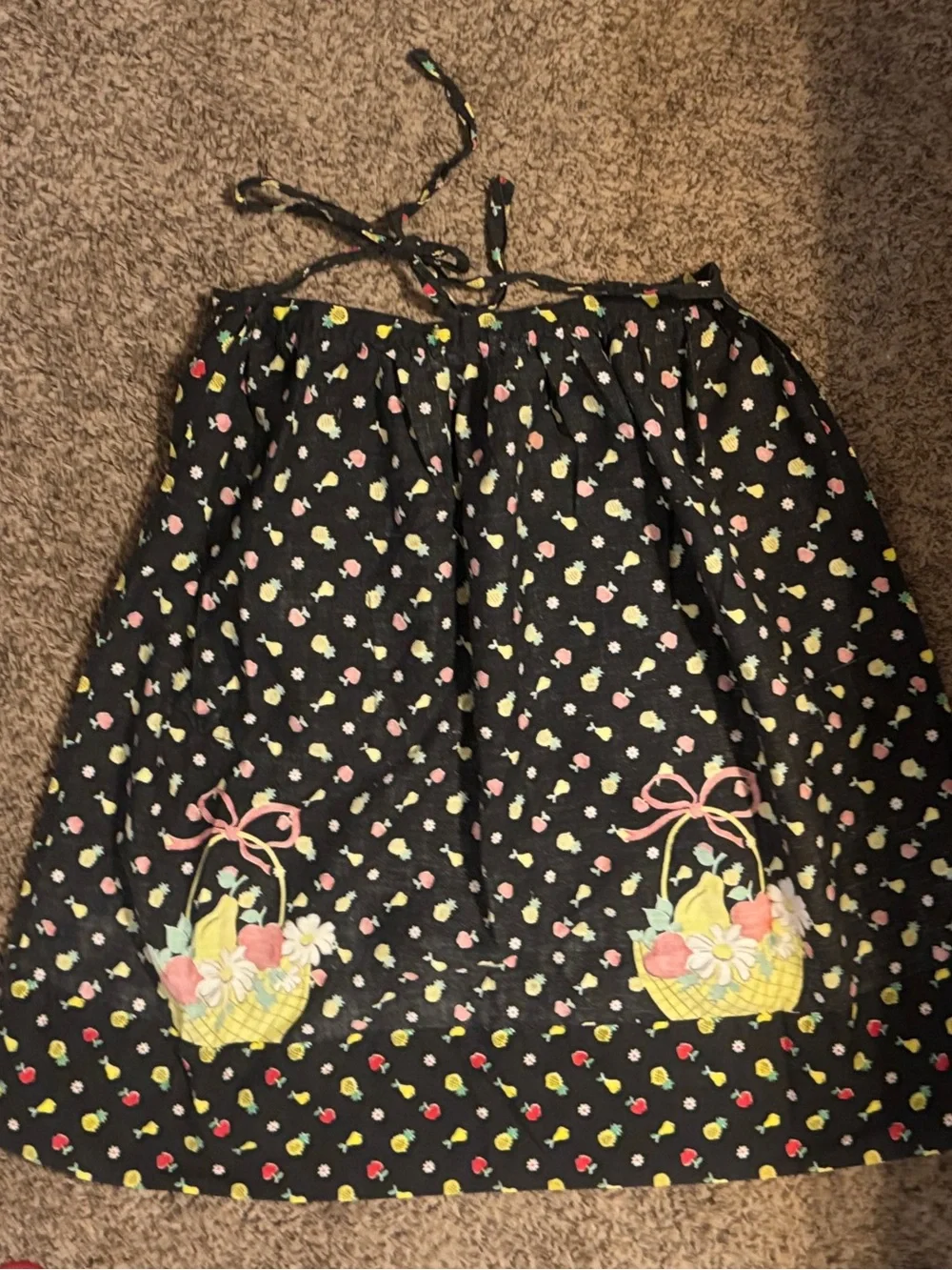 Vintage Cute Black Waist Apron with Fruit Basket Print